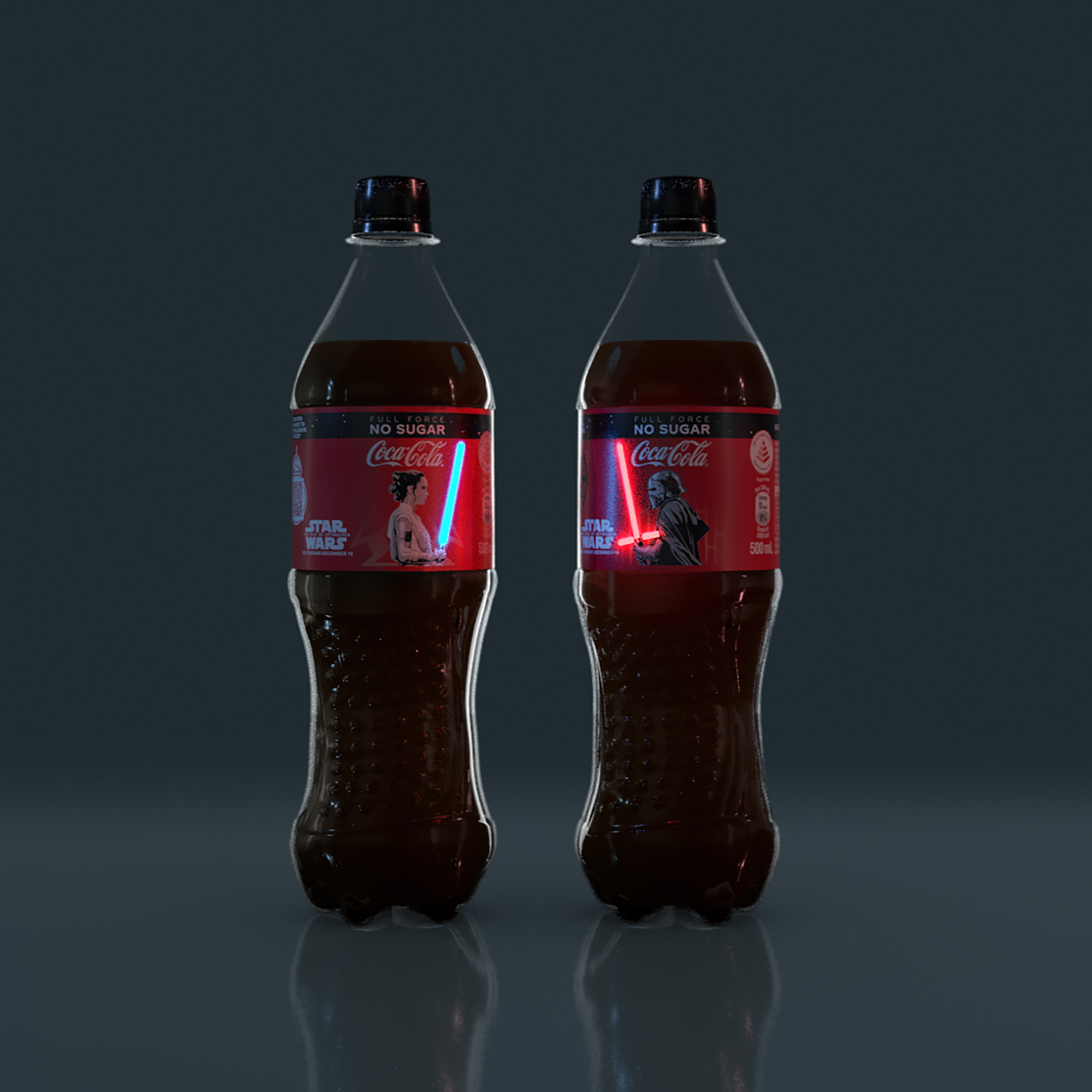 Limited Coca-Cola bottles with glowing shrink-sleeve labels with Rey and Kylo Ren